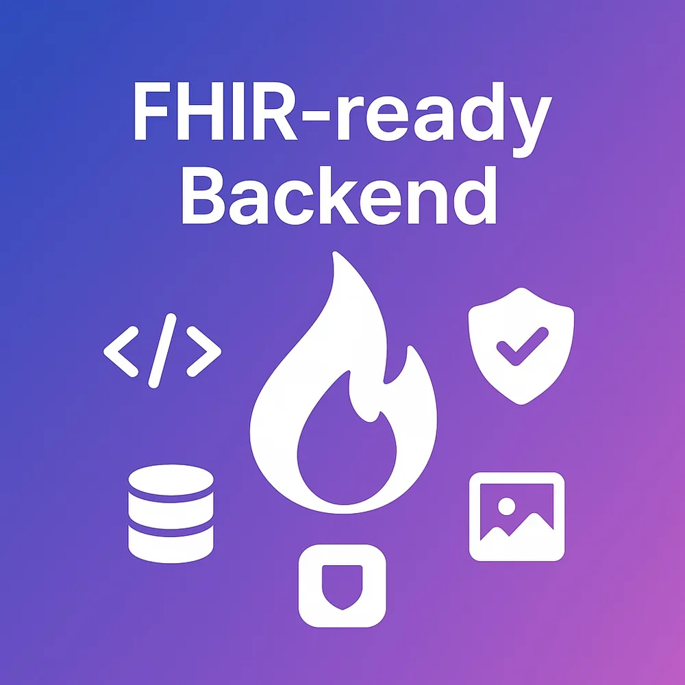 A flame surrounded by code, database, shield and media icons, representing a FHIR-ready backend