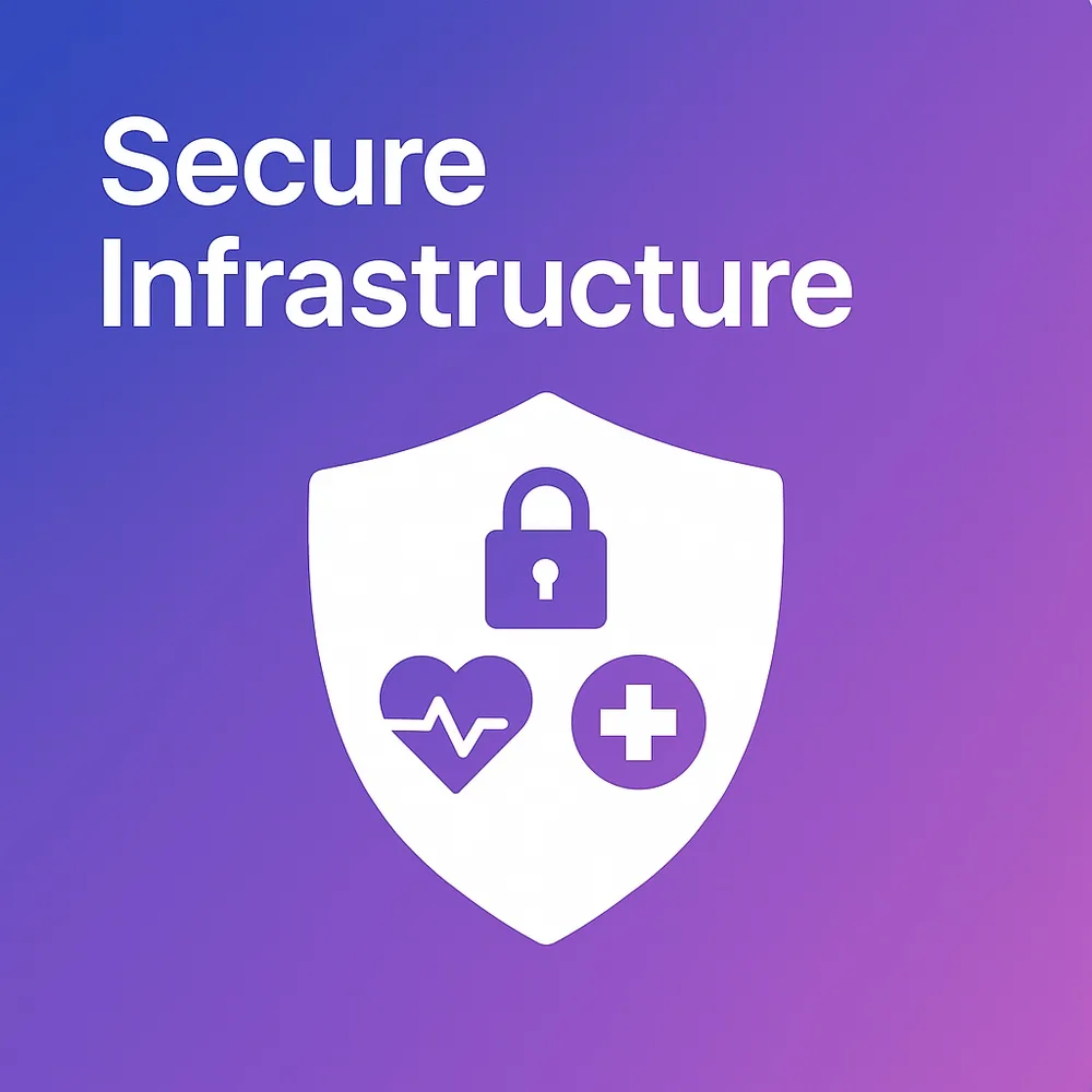 A shield containing a padlock, heartbeat and medical cross, representing secure healthcare infrastructure